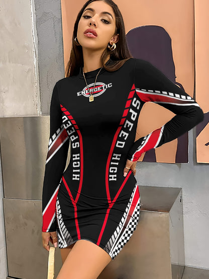 Women's High-Neck Long Sleeve Bodycon Dress - Black with Red & White Letter Print, Stretchy Polyester & Elastane Blend, Form-Fitting Design for Spring/Fall