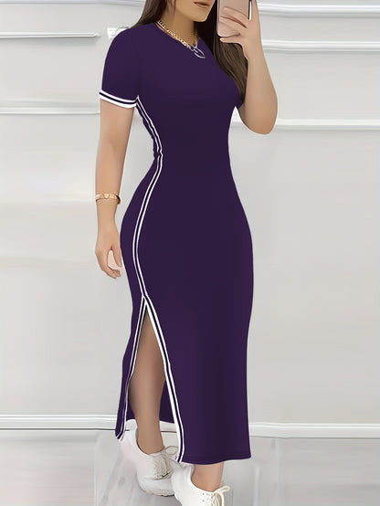Contrast Trim Split Hem Bodycon Dress, Elegant Crew Neck Short Sleeve Dress For Spring & Summer, Women's Clothing