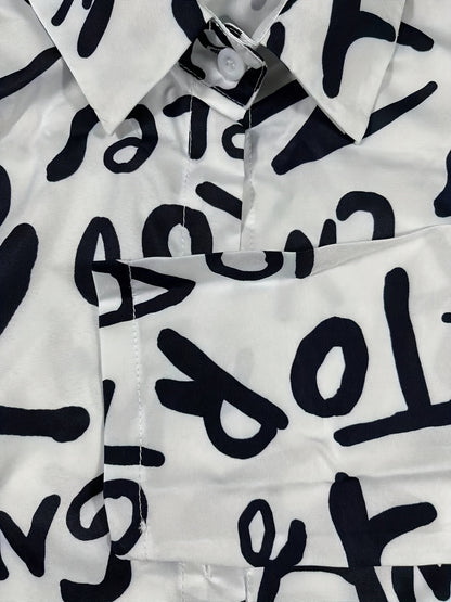 Fashionable Letter Print Dress with Belted Waist - Long Sleeve Button-Up Shirt Dress for Casual Style