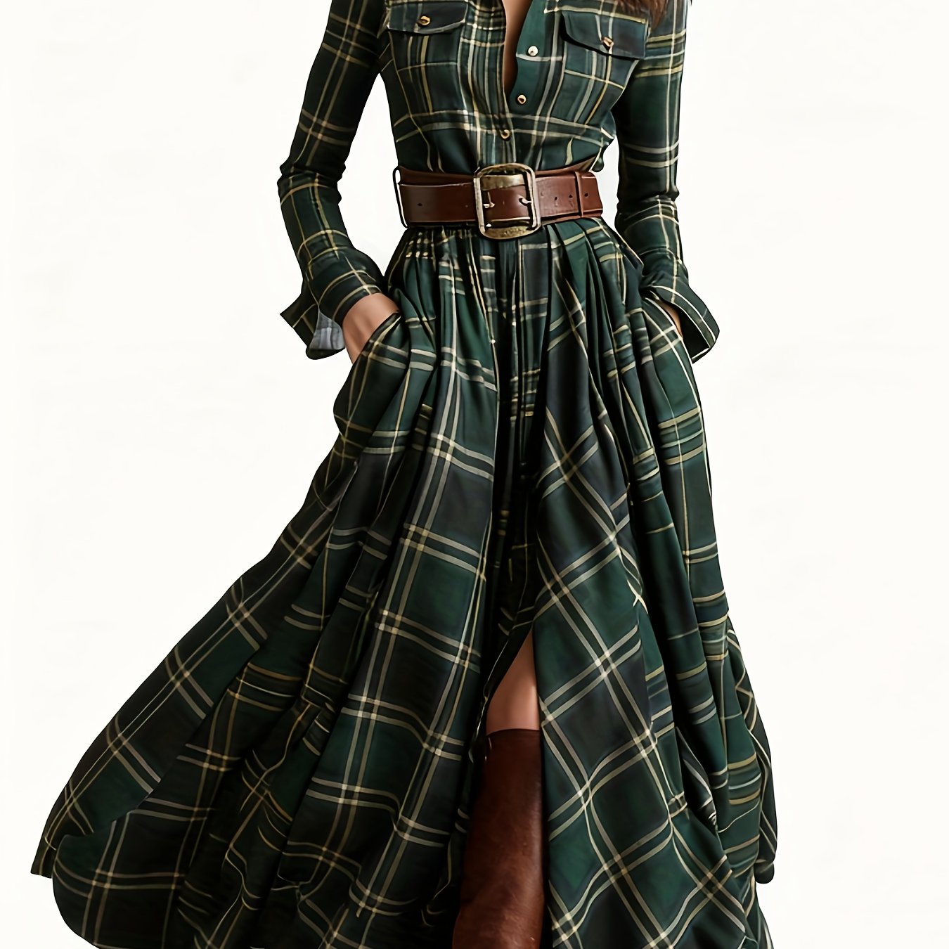 Women'S Vintage Western Plaid Shirt Dress - Long Sleeve A-Line Maxi Dress with V-Neck Collar & Belted Waist, All-Season Elegant Retro Outfit for Casual to Formal Events, Brown/Red Tartan Print, Structured Fit & Flowy Skirt