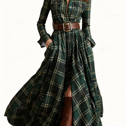 Women'S Vintage Western Plaid Shirt Dress - Long Sleeve A-Line Maxi Dress with V-Neck Collar & Belted Waist, All-Season Elegant Retro Outfit for Casual to Formal Events, Brown/Red Tartan Print, Structured Fit & Flowy Skirt