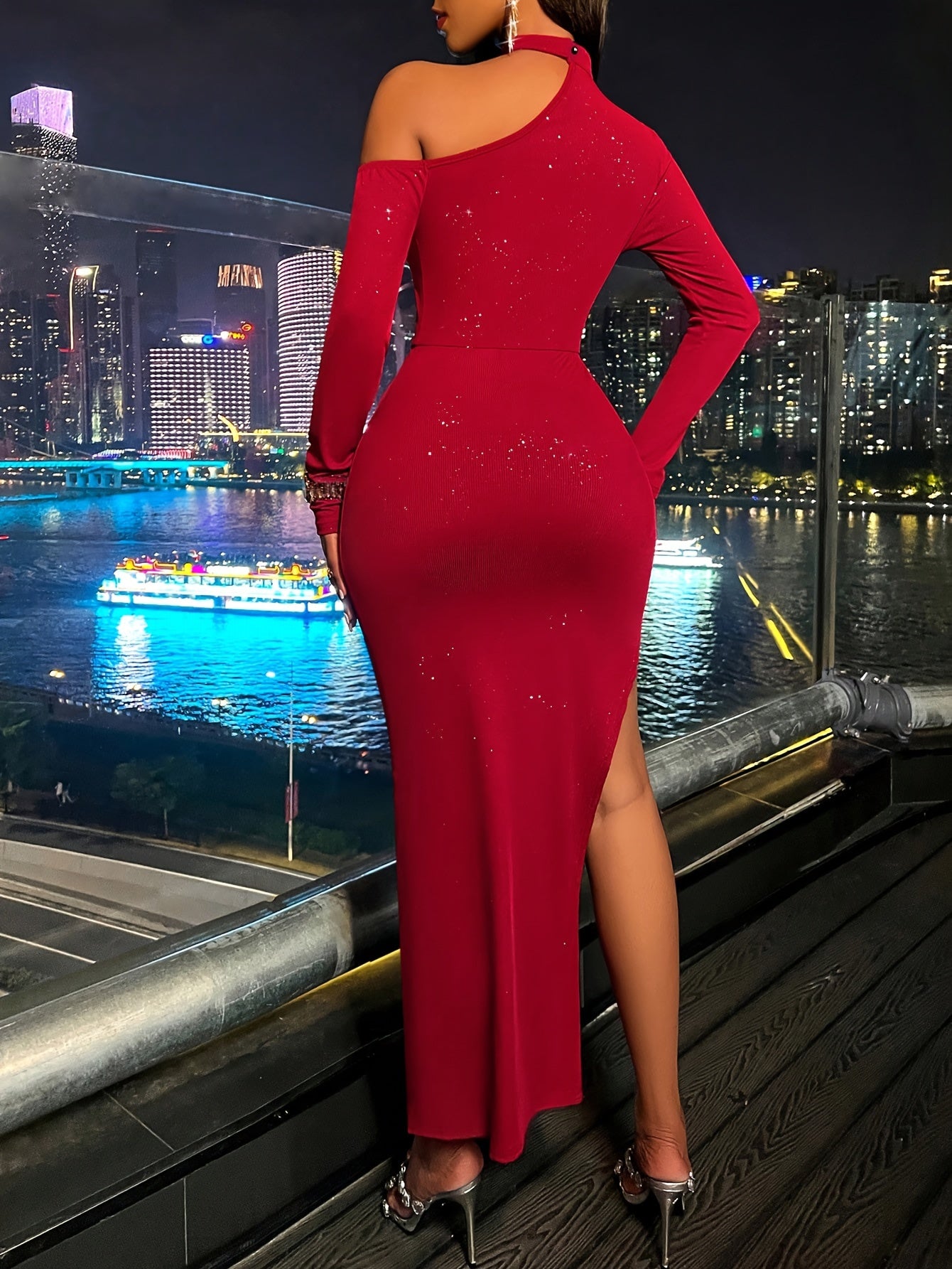 Solid One Shoulder Cut Out Dress, Sexy Long Sleeve Slit Bodycon Dress, Women's Clothing