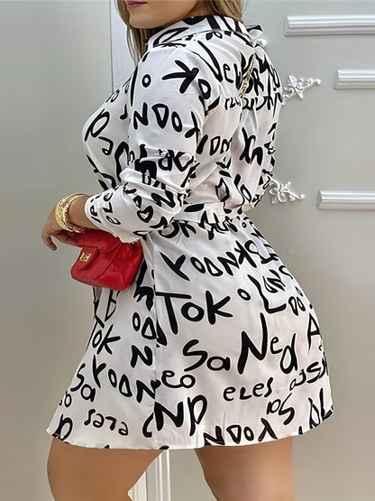 Fashionable Letter Print Dress with Belted Waist - Long Sleeve Button-Up Shirt Dress for Casual Style
