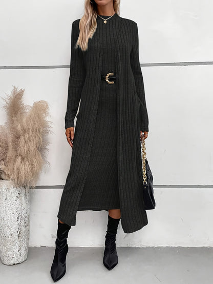 Elegant Ribbed Knit Two-Piece Set for Women - Comfy Long Sleeve Cardigan & Bodycon Dress, Machine Washable