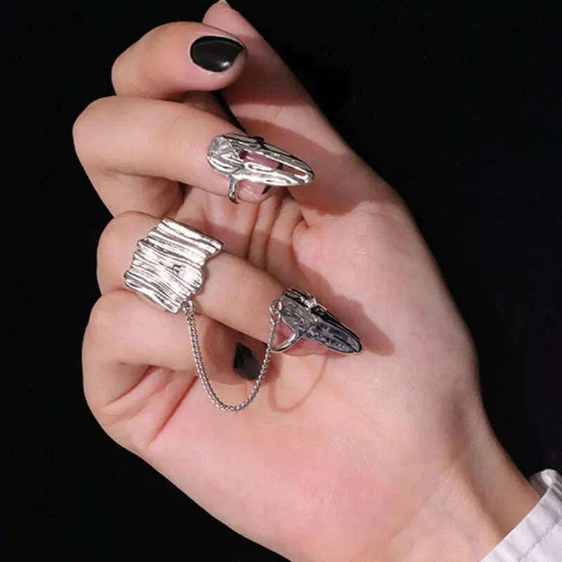 4Pcs/Set CyberPunk Metal Chain Alien Lava Zircon Decorate Nail Ring for Women Cool Girl Party Personality Y2K Jewelry HUANZHI