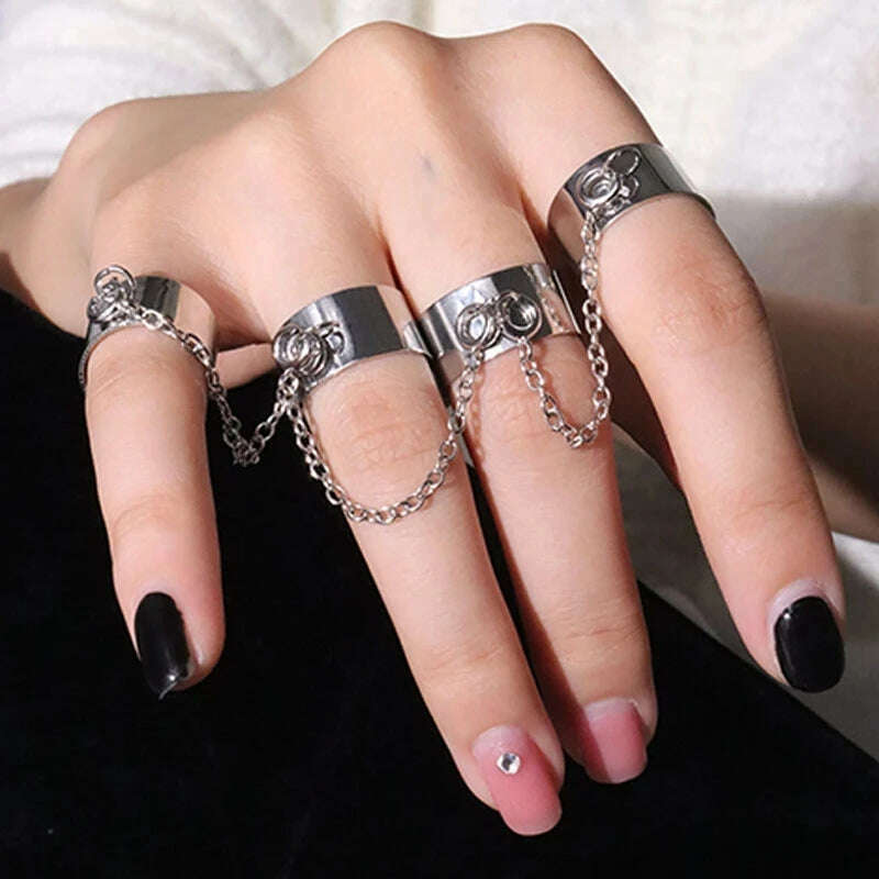 4Pcs/Set CyberPunk Metal Chain Alien Lava Zircon Decorate Nail Ring for Women Cool Girl Party Personality Y2K Jewelry HUANZHI