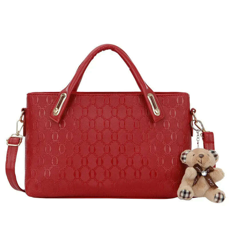 4PCS/Set Ladies Fashionable PU Leather Shoulder Bag Handbag Satchel Clutch Coin Purse Casual Bear Pendant Messenger Tote Bag