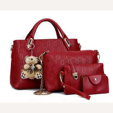 4PCS/Set Ladies Fashionable PU Leather Shoulder Bag Handbag Satchel Clutch Coin Purse Casual Bear Pendant Messenger Tote Bag