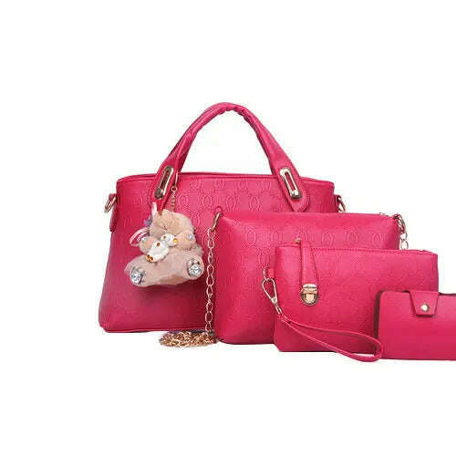 4PCS/Set Ladies Fashionable PU Leather Shoulder Bag Handbag Satchel Clutch Coin Purse Casual Bear Pendant Messenger Tote Bag