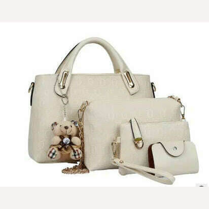 4PCS/Set Ladies Fashionable PU Leather Shoulder Bag Handbag Satchel Clutch Coin Purse Casual Bear Pendant Messenger Tote Bag
