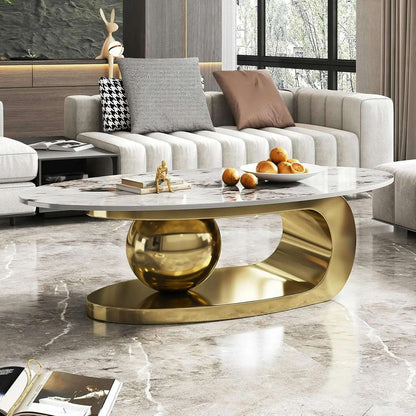 51" Lx28 Wx16.5 H.Modern Oval Stone Coffee Table with Abstract Gold Metal Base - Perfect Centerpiece for Stylish Living Rooms-Go