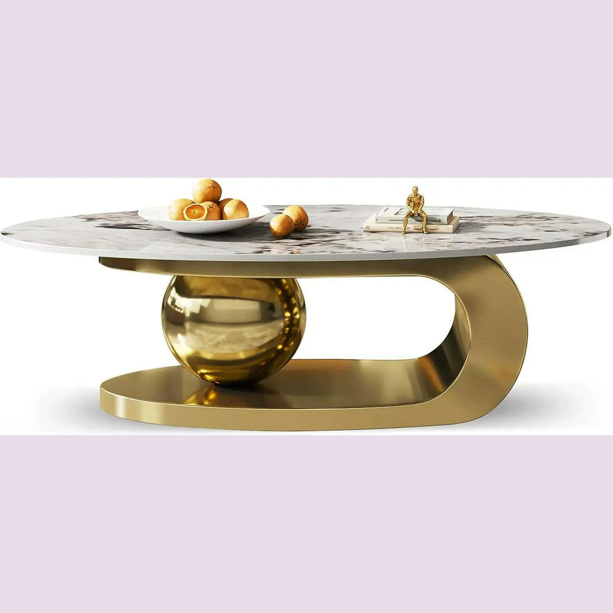 51" Lx28 Wx16.5 H.Modern Oval Stone Coffee Table with Abstract Gold Metal Base - Perfect Centerpiece for Stylish Living Rooms-Go