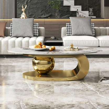 51" Lx28 Wx16.5 H.Modern Oval Stone Coffee Table with Abstract Gold Metal Base - Perfect Centerpiece for Stylish Living Rooms