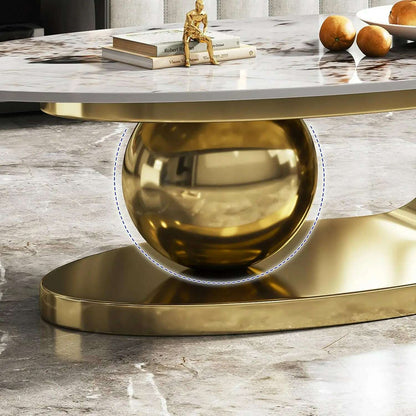 51" Lx28 Wx16.5 H.Modern Oval Stone Coffee Table with Abstract Gold Metal Base - Perfect Centerpiece for Stylish Living Rooms