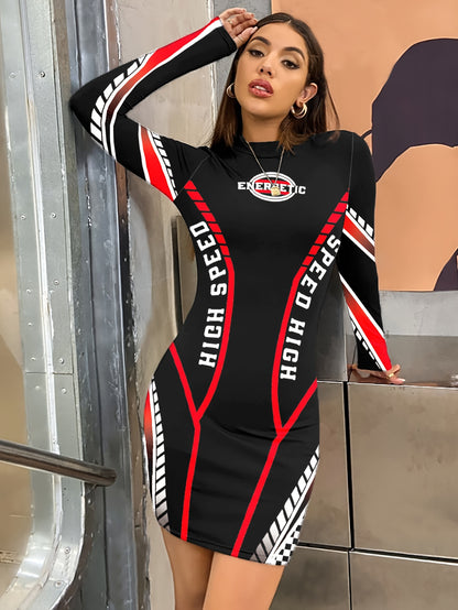 Women's High-Neck Long Sleeve Bodycon Dress - Black with Red & White Letter Print, Stretchy Polyester & Elastane Blend, Form-Fitting Design for Spring/Fall