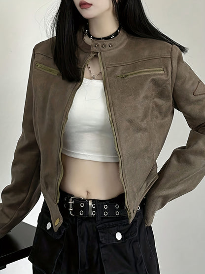 Women's Elegant Gothic Full-Zip Jacket with Full-Zip Front Closure, Full-Length Zipper & Stand Collar - Heavy-Duty Winter Outerwear, Machine Washable Black -like Texture Coat for Fall/Winter, Casual & Formal Outfits, Retro Zi