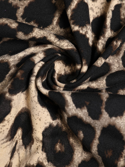 Leopard Print Splice Ruched Bodycon Dress, Elegant Long Sleeve Asymmetric Dress, Women's Clothing