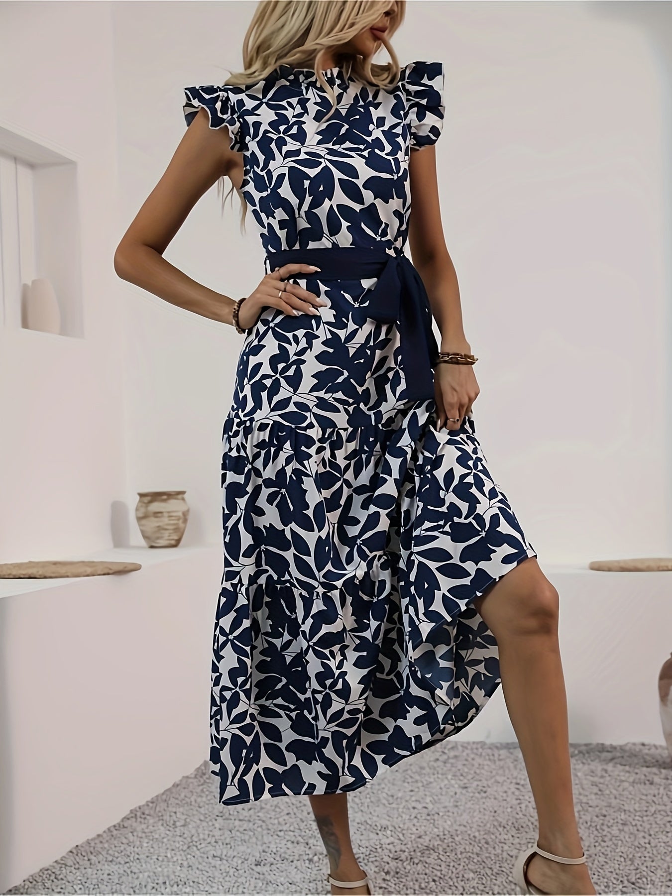 Stunning Floral Print Fit and Flare Dress - Elegant Contrast Collar, Belted Waist, Polyester Material, Random Printing, Middle East Style, Perfect for Summer - Womens Clothing for Adult