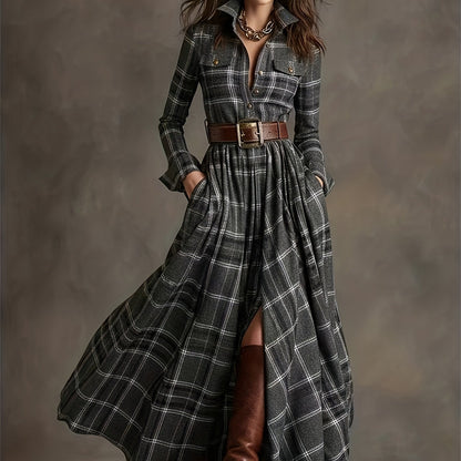 Women'S Vintage Western Plaid Shirt Dress - Long Sleeve A-Line Maxi Dress with V-Neck Collar & Belted Waist, All-Season Elegant Retro Outfit for Casual to Formal Events, Brown/Red Tartan Print, Structured Fit & Flowy Skirt