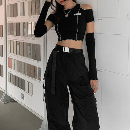 Off Shoulder Hollow Crew Neck T-shirt, Casual Loose Long Sleeve Fashion Summer Slim Bottoming T-Shirts Tops, Women's Clothing