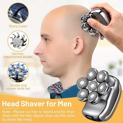 Men'S Electric Head Shaver Razor - Rechargeable Cordless Hair Shaving Razors for Bald Man 6in 1 Wet Dry Beard Trimmer Body Hair Cutting Clipper Grooming Kit 7 Rotary Heads (Gray), USB Charging, Lithium Battery, 6-in-1 Multi-F