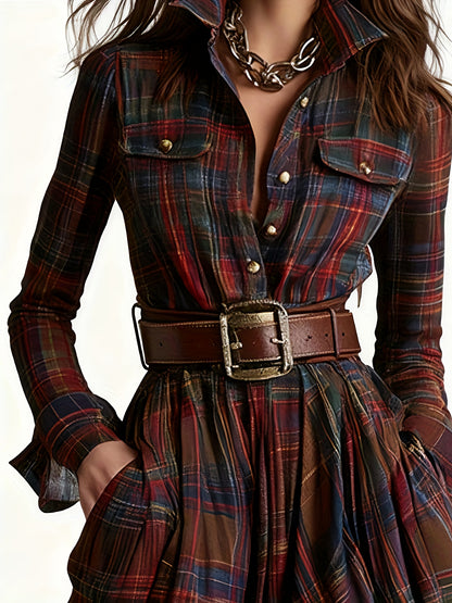 Women'S Vintage Western Plaid Shirt Dress - Long Sleeve A-Line Maxi Dress with V-Neck Collar & Belted Waist, All-Season Elegant Retro Outfit for Casual to Formal Events, Brown/Red Tartan Print, Structured Fit & Flowy Skirt
