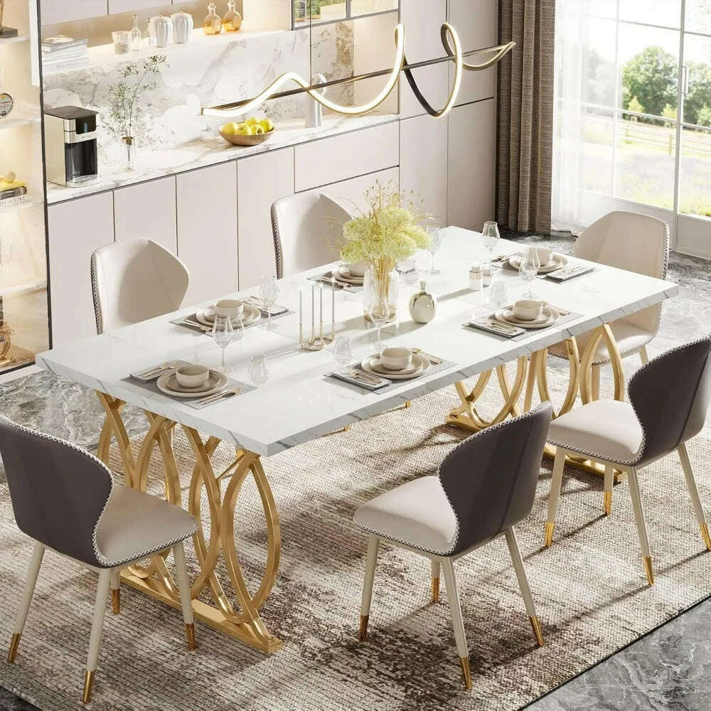 63-inch kitchen table seating 4-6 people, rectangular dining table, faux marble top and geometric legs