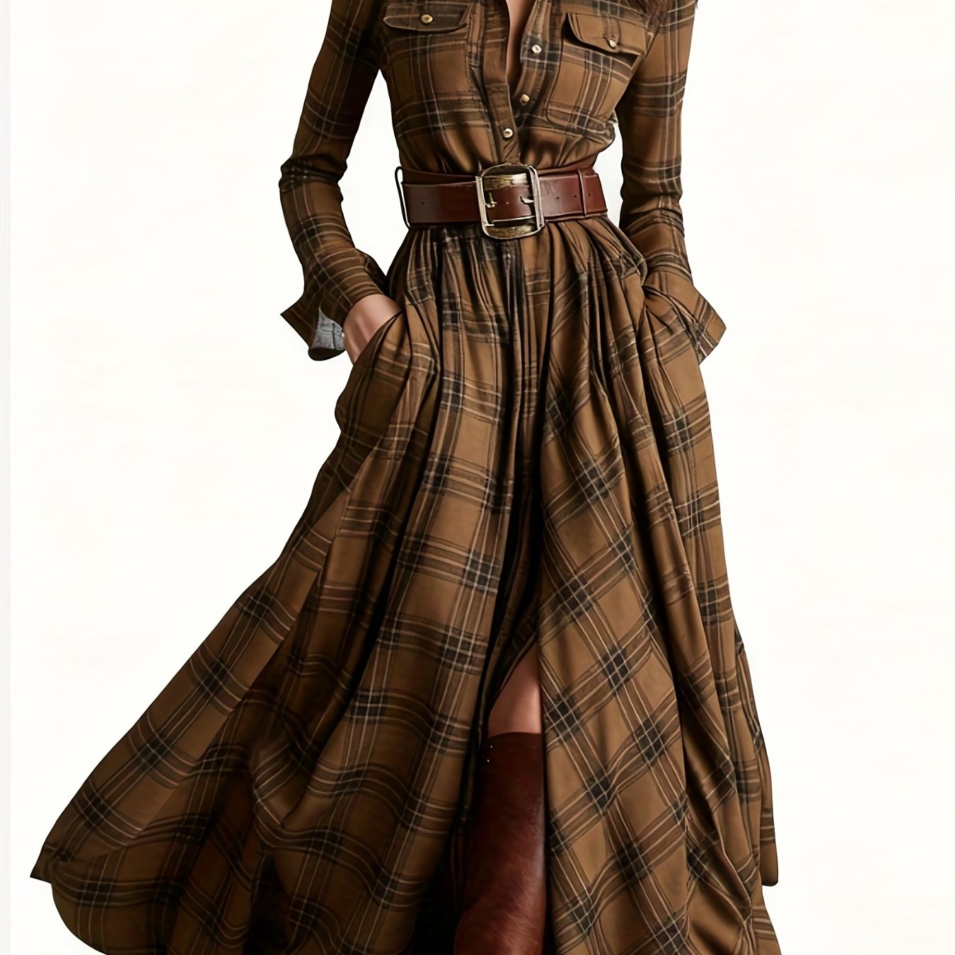 Women'S Vintage Western Plaid Shirt Dress - Long Sleeve A-Line Maxi Dress with V-Neck Collar & Belted Waist, All-Season Elegant Retro Outfit for Casual to Formal Events, Brown/Red Tartan Print, Structured Fit & Flowy Skirt
