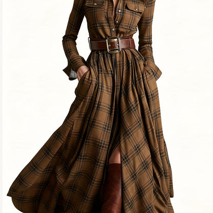 Women'S Vintage Western Plaid Shirt Dress - Long Sleeve A-Line Maxi Dress with V-Neck Collar & Belted Waist, All-Season Elegant Retro Outfit for Casual to Formal Events, Brown/Red Tartan Print, Structured Fit & Flowy Skirt