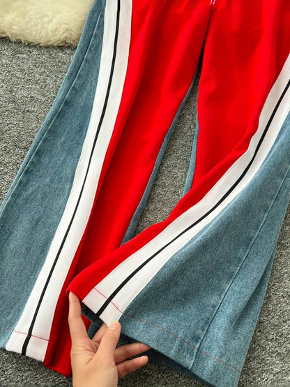 Women's Brown Color - Block Sweatshirt and Wide - Leg Pants Set with White Stripes, Two Piece Set Women Outfits, Women Two Piece Outfits, Two Piece Outfits For Women, Co Ord Set Women, Womens Clothes, Track Suits Women Two Pi