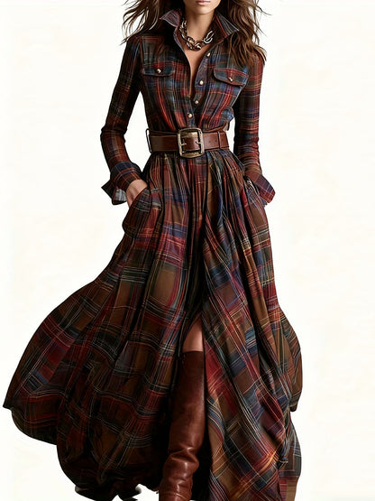 Women'S Vintage Western Plaid Shirt Dress - Long Sleeve A-Line Maxi Dress with V-Neck Collar & Belted Waist, All-Season Elegant Retro Outfit for Casual to Formal Events, Brown/Red Tartan Print, Structured Fit & Flowy Skirt