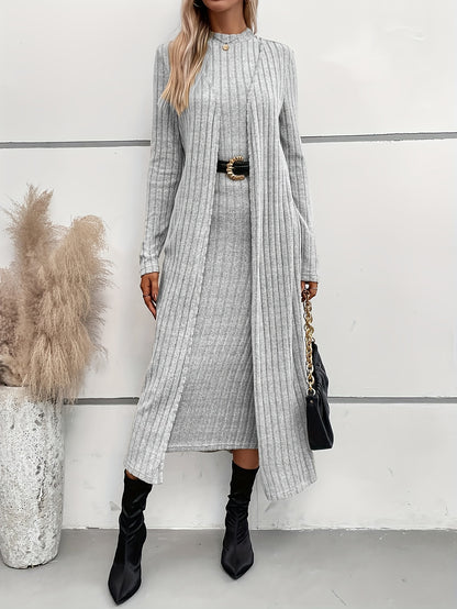 Elegant Ribbed Knit Two-Piece Set for Women - Comfy Long Sleeve Cardigan & Bodycon Dress, Machine Washable