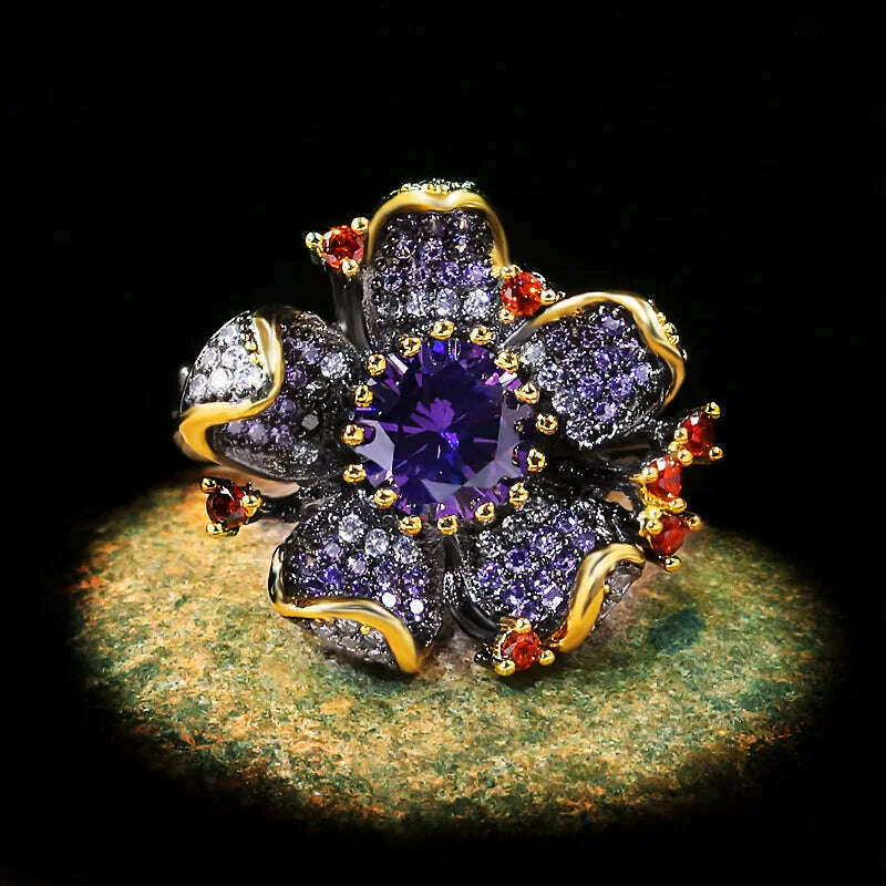 925 Stamp New Unique Purple Diamond Flower-Shaped Black Gold Ring Zircon Shiny Jewelry Elegant Party Women's