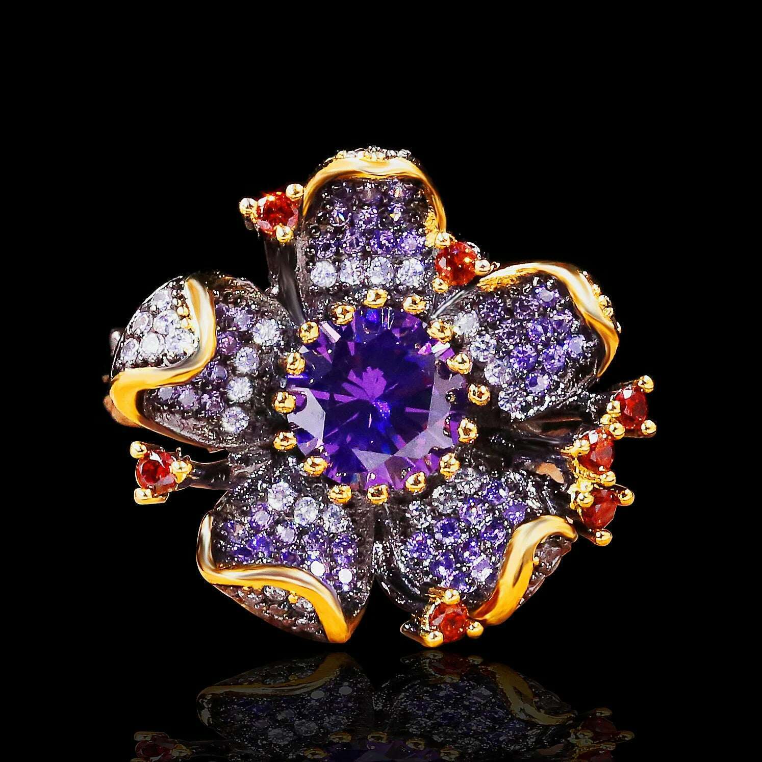925 Stamp New Unique Purple Diamond Flower-Shaped Black Gold Ring Zircon Shiny Jewelry Elegant Party Women's