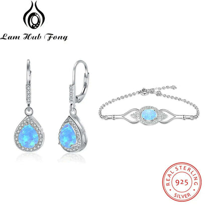 925 Sterling Silver Jewelry Sets for Women Cubic Zirconia Blue Opal Bracelet Earrings Chain Necklace Jewelry Sets (Lam Hub Fong)