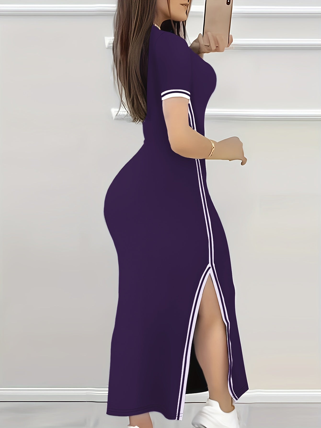 Contrast Trim Split Hem Bodycon Dress, Elegant Crew Neck Short Sleeve Dress For Spring & Summer, Women's Clothing