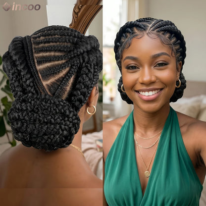 Short Cornnrow Braid Wigs Buns Glueless For Black Women Synthetic HD Full Lace Wig Neat Braids Wig African Protective...