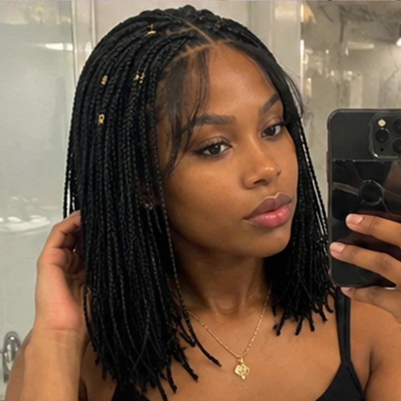 12" Short Braided Lace Front Wigs for Black Women Shoulder Length Bob Box Braids Synthetic Wig Heat Resistant with Baby Hair