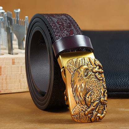 1pc Men's Second Layer Cowhide Belt featuring Eagle Automatic Buckle, Retro Carved Design, Stylish Jeans Belt