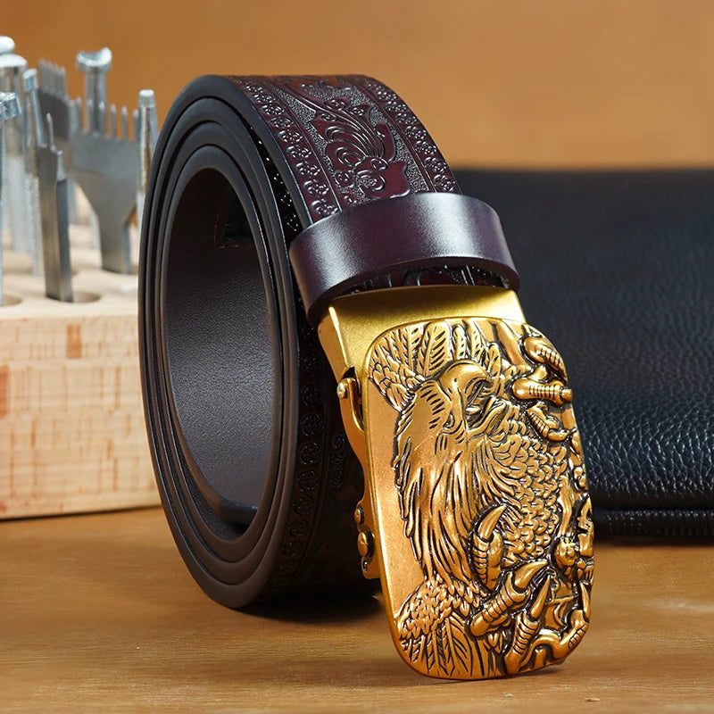 1pc Men's Second Layer Cowhide Belt featuring Eagle Automatic Buckle, Retro Carved Design, Stylish Jeans Belt