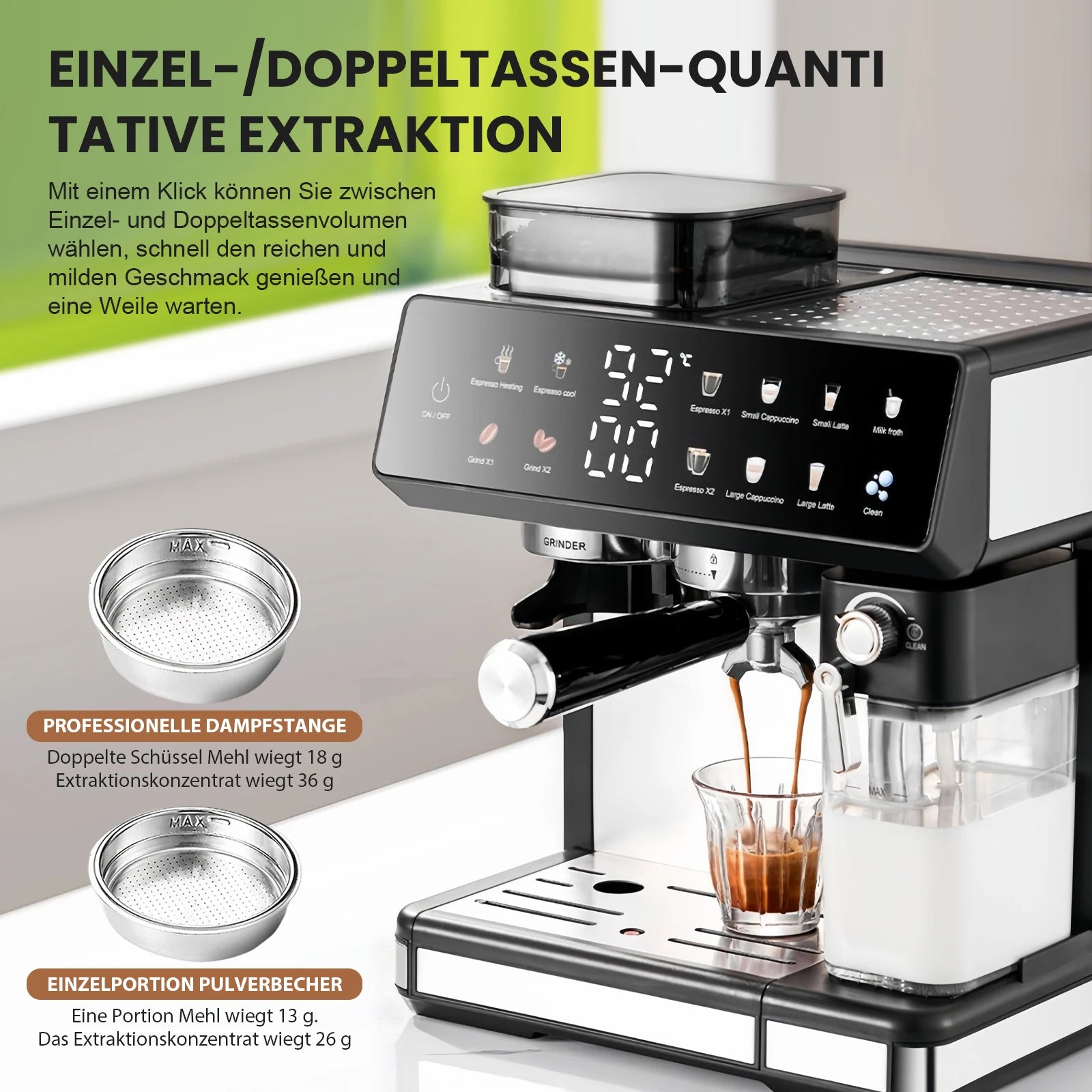 1350W coffee fully automatic, with dual boiler and milk frother, 2.7L water tank, touch screen, Bean and powder coffee |...