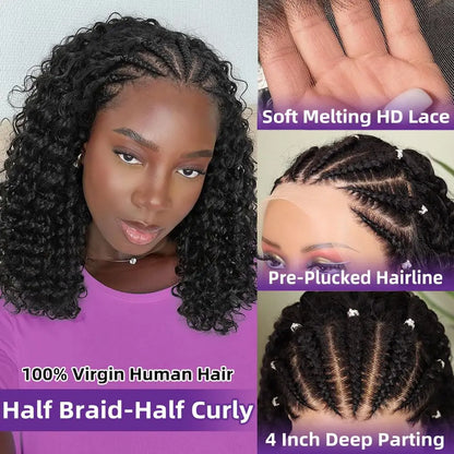 Cornrow Braid Bob Wig Deep Curly Brazilian Human Hair Knotless 13x4 Full Lace Wigs Pre Braided Boho Box Braids Wig For Women