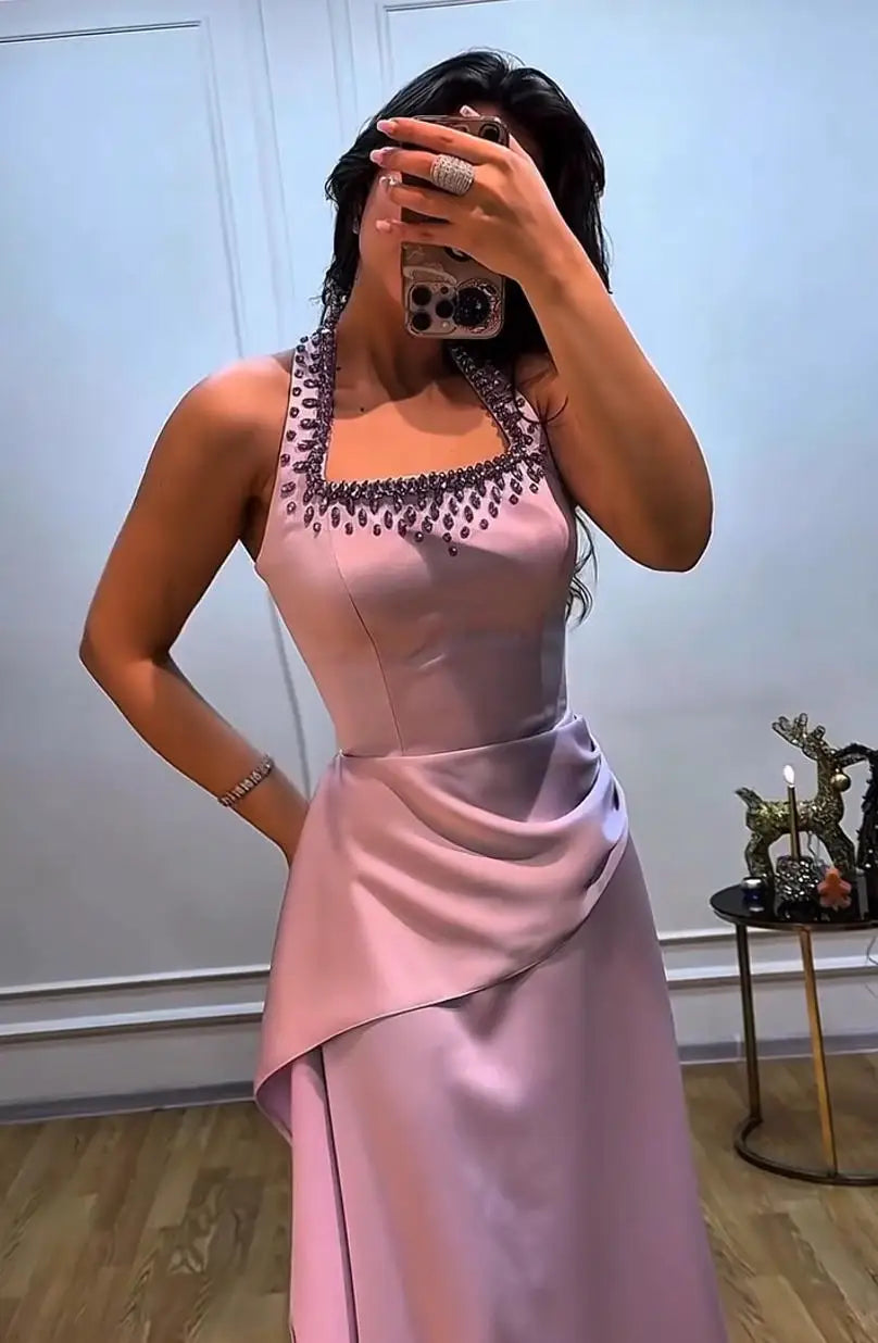 Ofherown Purple Rhinestone Beaded Satin Prom Gown Halter Formal Evening Dress Women Bodycon Party Dress 2026 New Customized