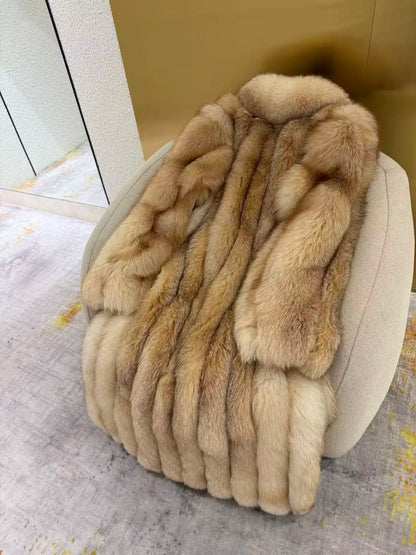 26SS Women Beige Fluffy Faux Fur Long Coat Wide Lapel Luxury Warm Winter Outerwear