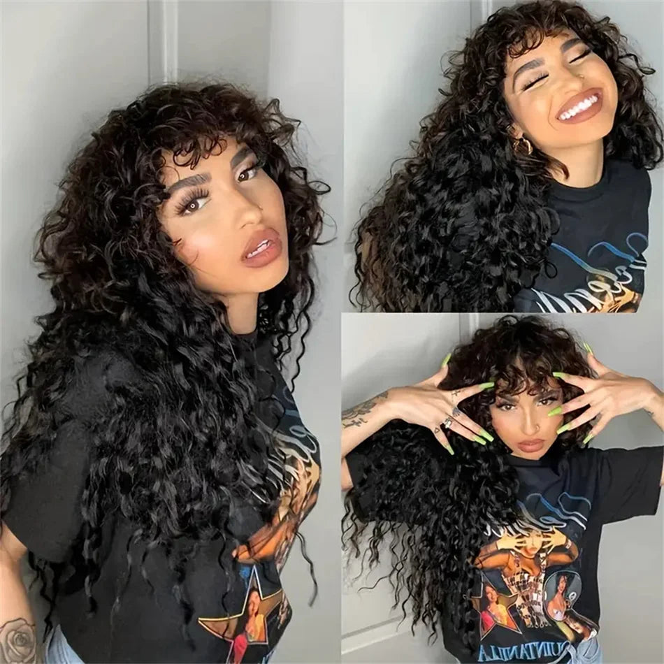 Curly Wig with Bangs Human Hair 180% Density Brazilian Virgin Deep Wave Wig Full Machine Made Glueless Bang Wigs for Black Women