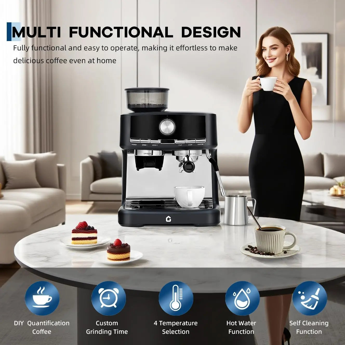 HiMISS 15 Bar Espresso Machine with Milk Frother and Grinder, 30 grind setting, Cappuccino & Espresso Coffee Maker |...