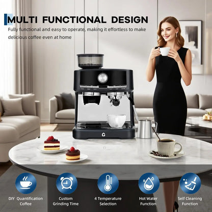 HiMISS 15 Bar Espresso Machine with Milk Frother and Grinder, 30 grind setting, Cappuccino & Espresso Coffee Maker |...