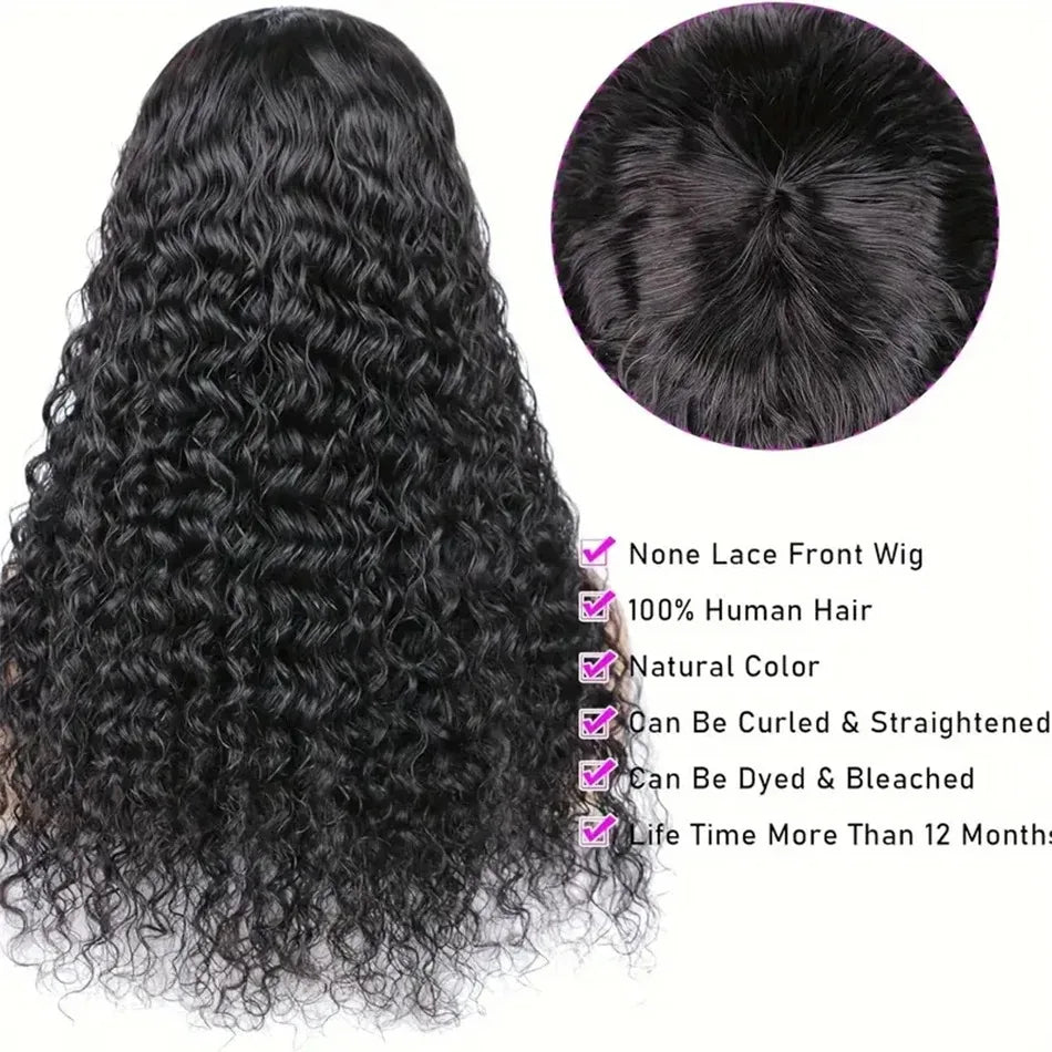 Curly Wig with Bangs Human Hair 180% Density Brazilian Virgin Deep Wave Wig Full Machine Made Glueless Bang Wigs for Black Women
