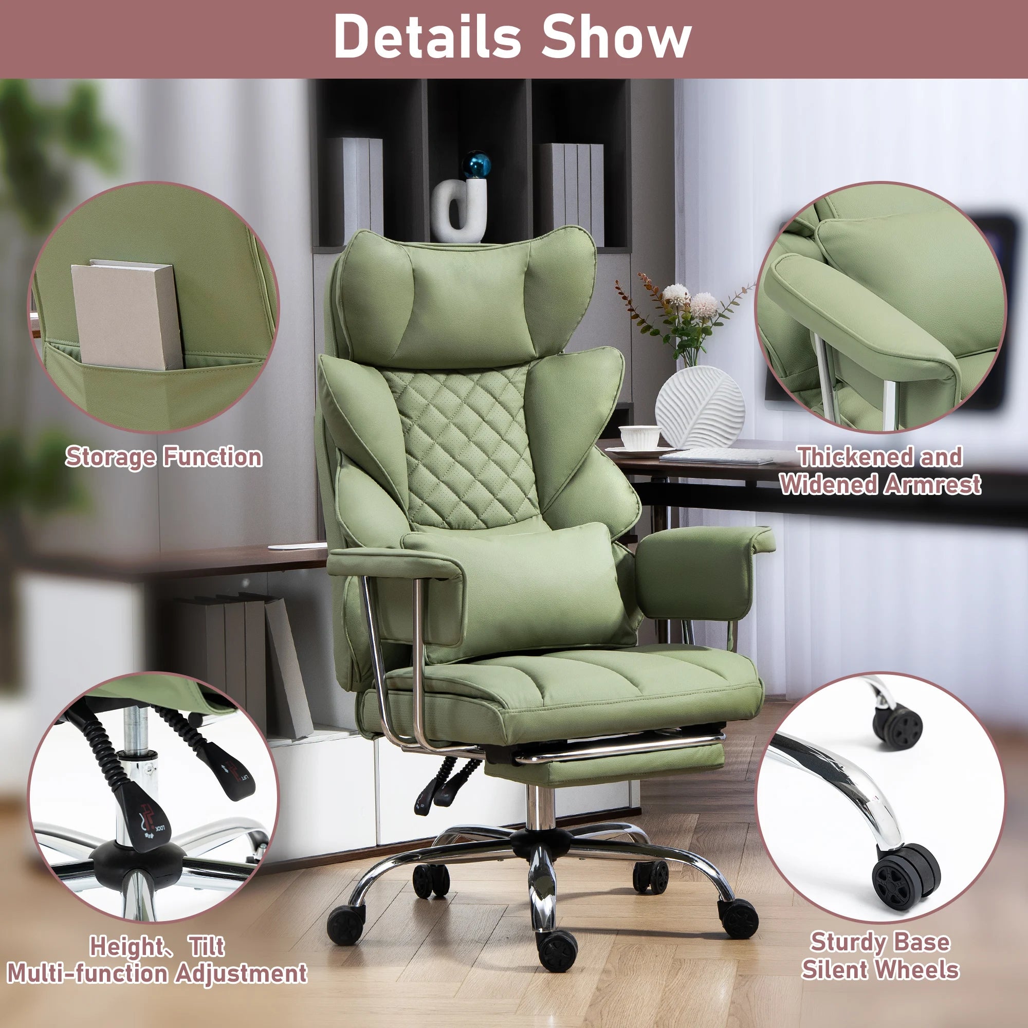 Adjustable executive chair, comfortable real leather gaming chair, height adjustable swivel chair with footrest (green)...