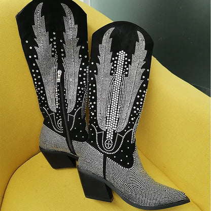 Onlymaker Women Black Knee High Rhinestone Boots Western Cowboy Boots Glitter Bling Shiny Block Heel Handmade Boots